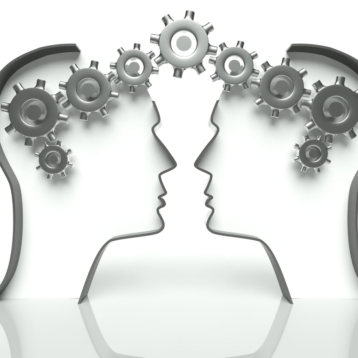 Brains made of gears in heads, concept of thinking and cooperation with communication